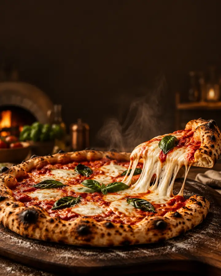 Fresh pizza with a cheesy slice being lifted